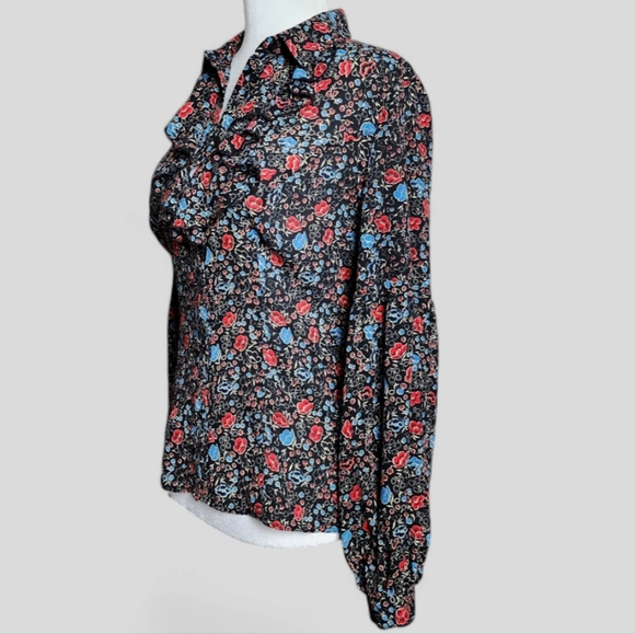 Free People Black Floral Print Poet Style Blouse - Picture 3 of 7